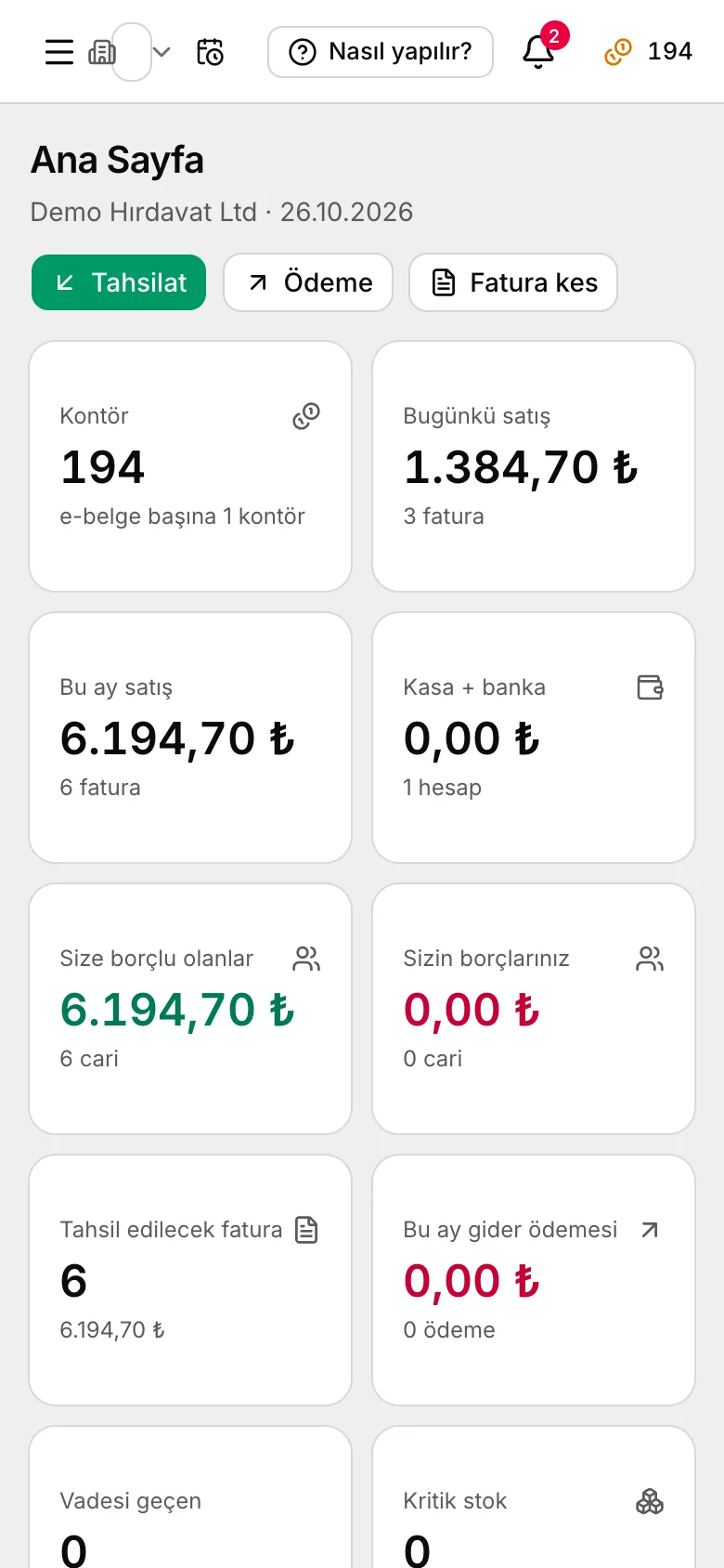 Vonahesap ana sayfası telefonda: kontör, satış, kasa ve alacak kartları