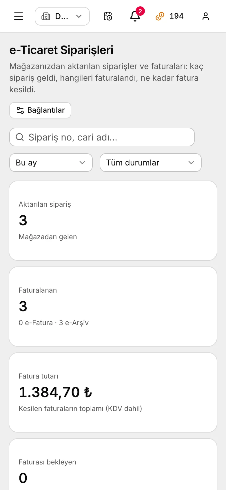 Vonahesap e-ticaret siparişleri ekranı