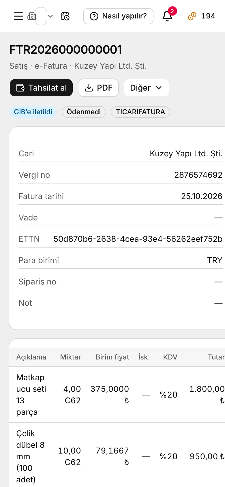 Vonahesap'ta GİB'e iletilmiş e-Fatura detayı
