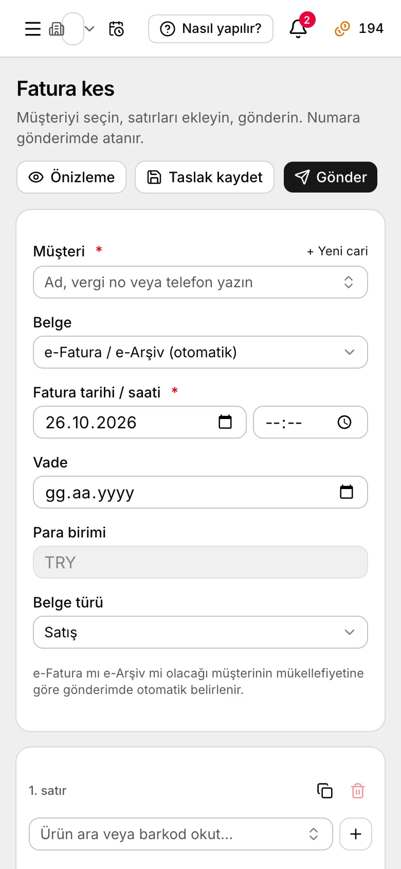 Vonahesap fatura kesme ekranı telefonda