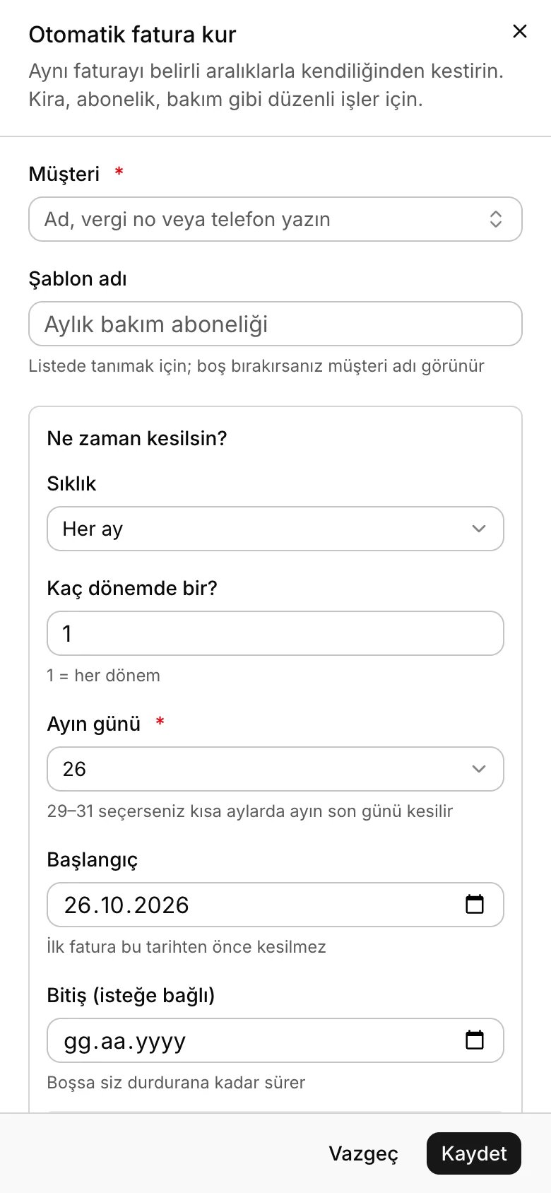 Vonahesap otomatik fatura kurma formu
