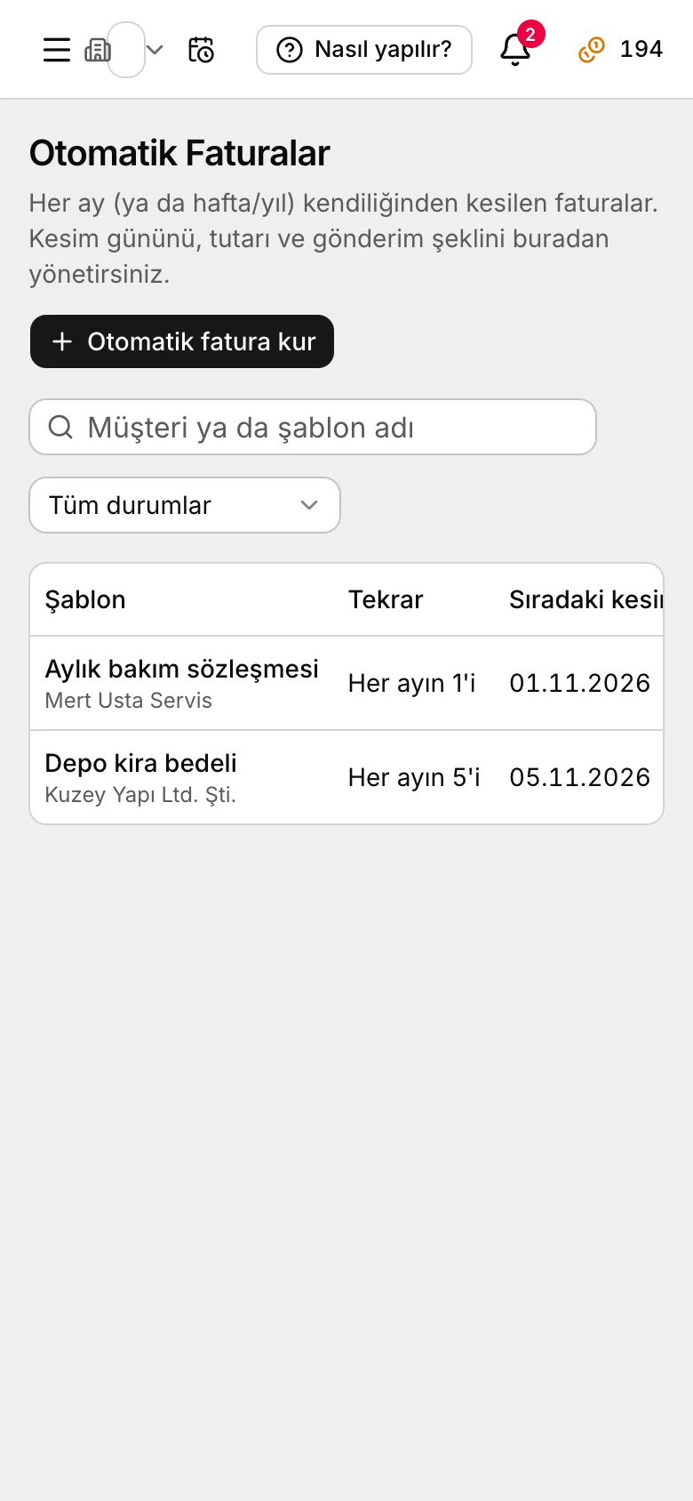 Vonahesap otomatik fatura listesi