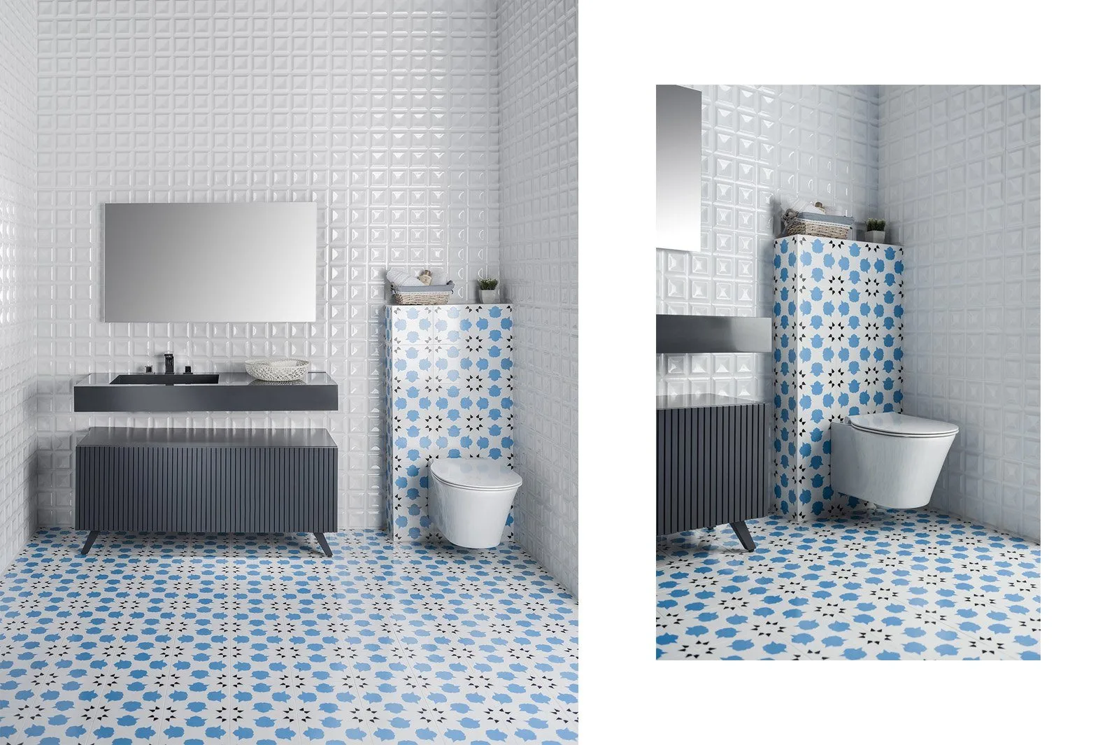 Mavi desenli karo ile döşenmiş banyo, lavabo dolabı ve asma klozet, banyo fotoğrafı