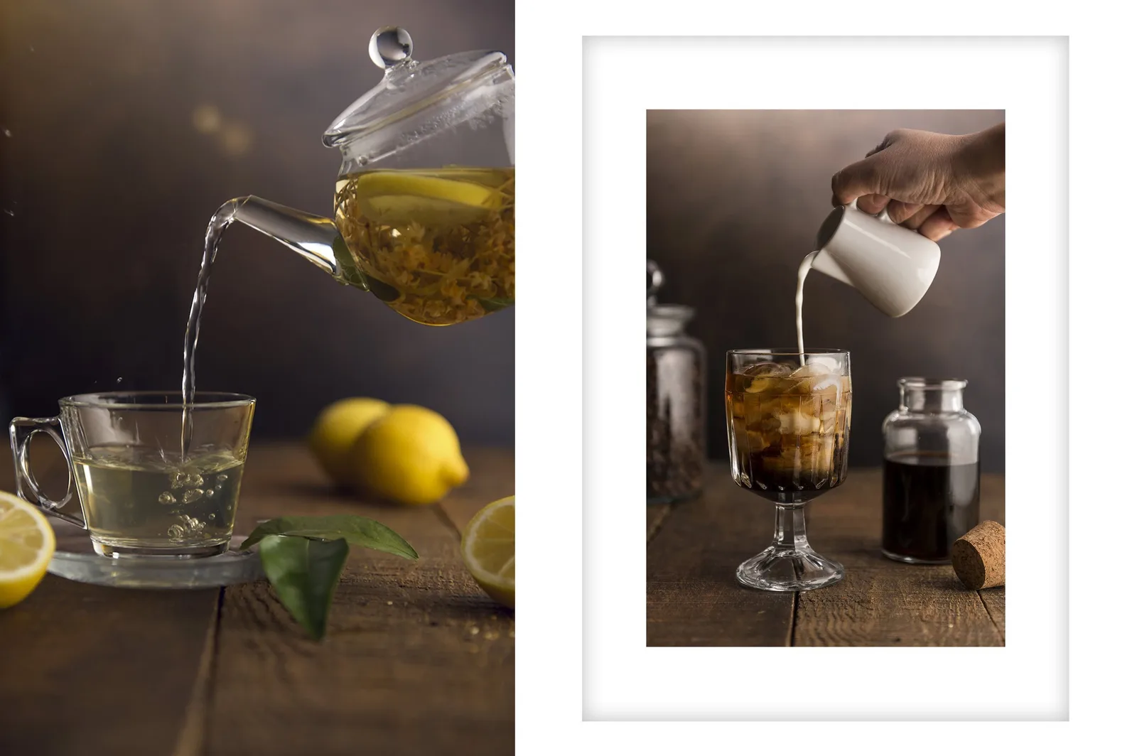 Cam demlikten bardağa dökülen limonlu bitki çayı ve buzlu kahve, içecek fotoğrafı